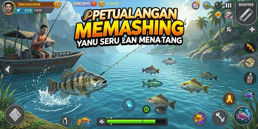 Tampilan gameplay DMD999 yang seru saat memancing di danau.