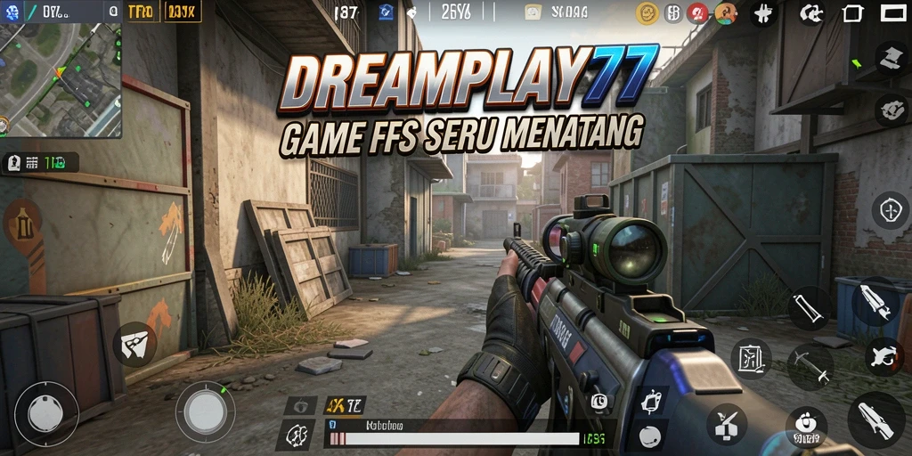 Screenshot utama DREAMPLAY77 menampilkan aksi seru dalam pertempuran FPS.