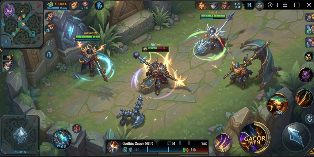 Screenshot utama GACORWIN menampilkan pertempuran seru di arena MOBA.