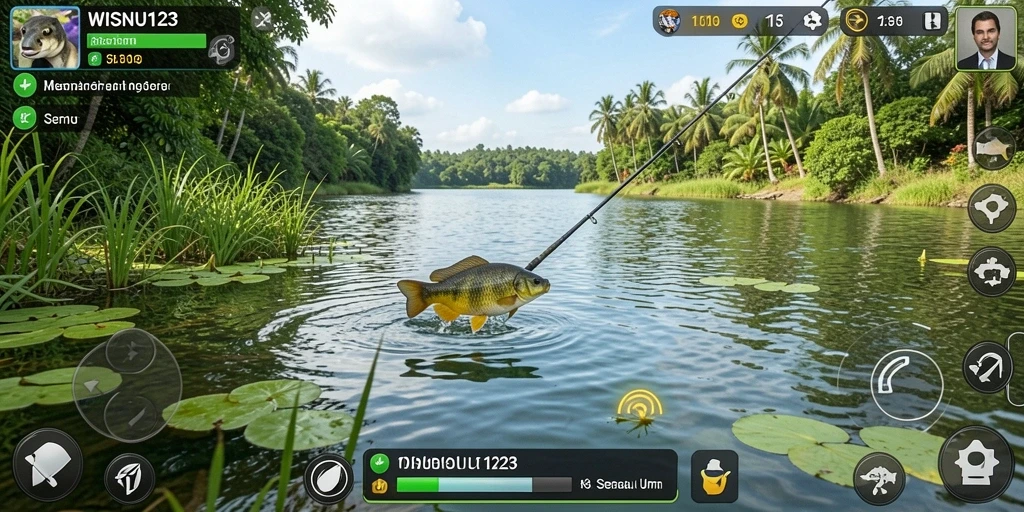 Gameplay WISNU123 yang seru dengan berbagai teknik memancing.